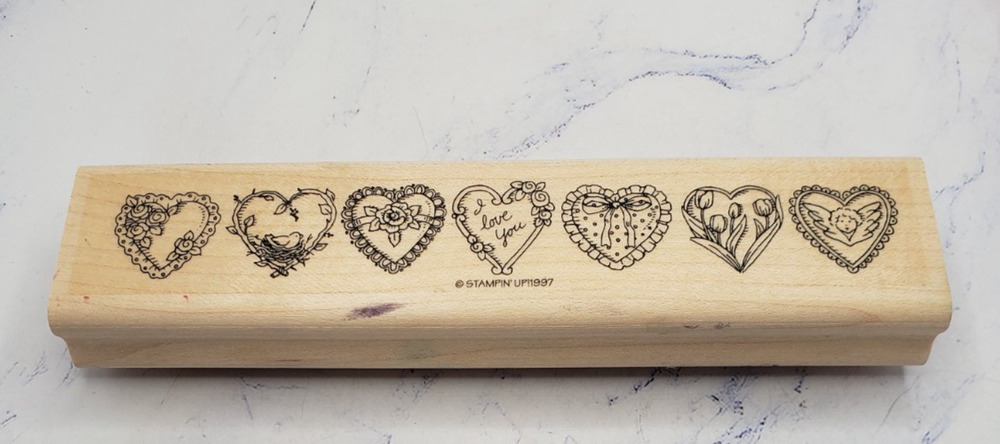 Stampin Up! I Love You Floral Angel Hearts Wood Mounted Rubber Border Stamp